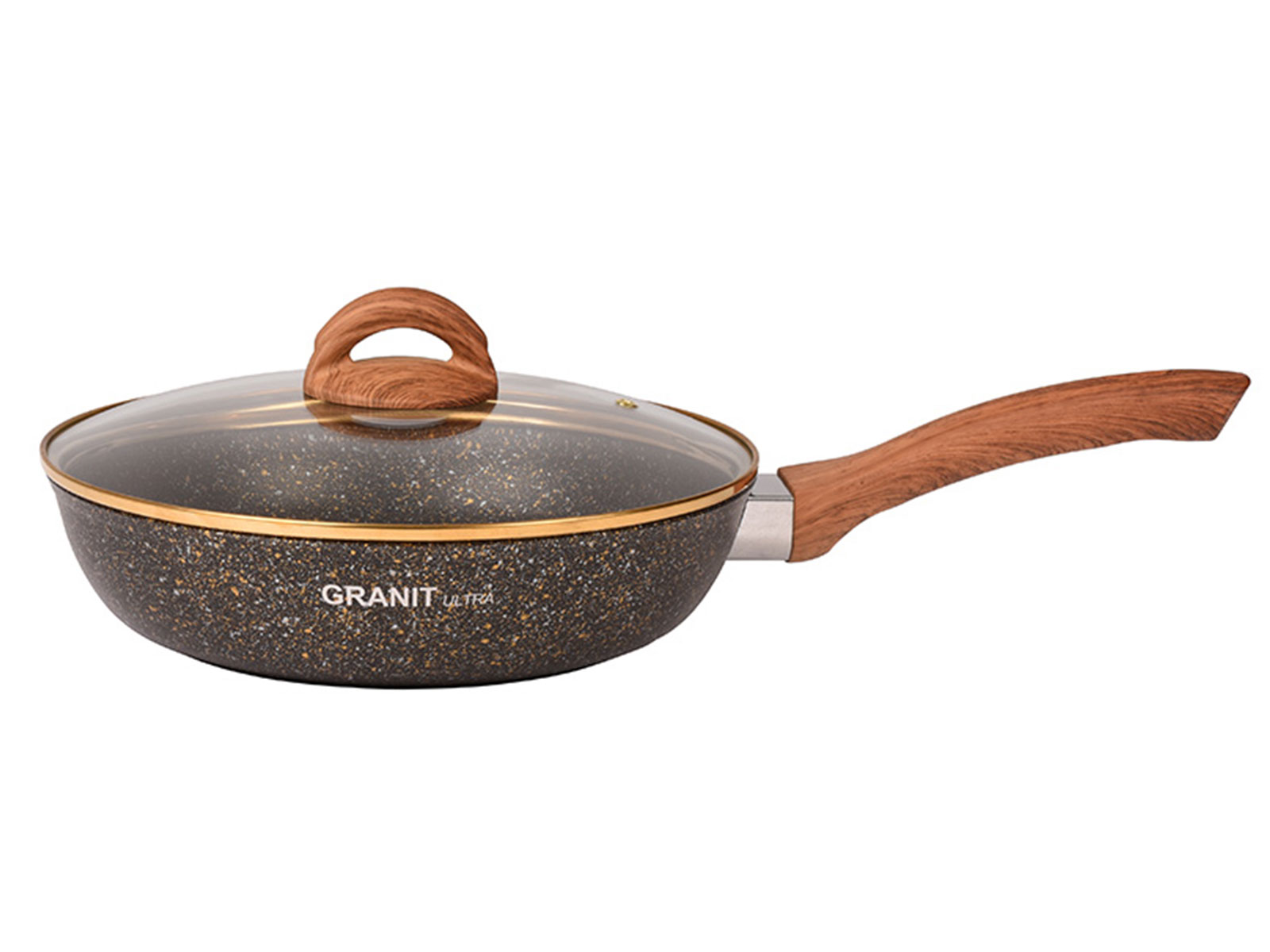 Сковорода антипригарная Кукмара со стеклянной крышкой линия Granit Ultra black-gold